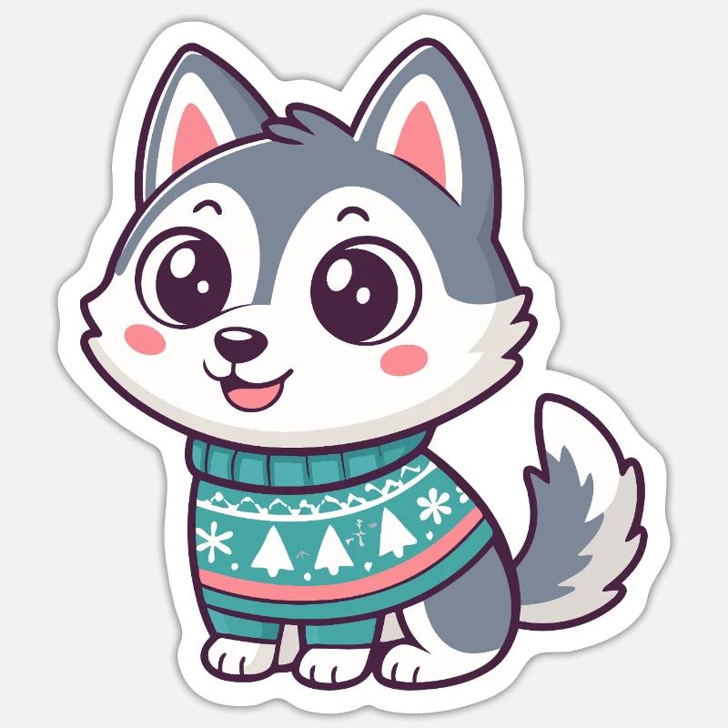 Husky hiver en pull festif - Sticker taille S (10 x 10 cm) - blanc mat