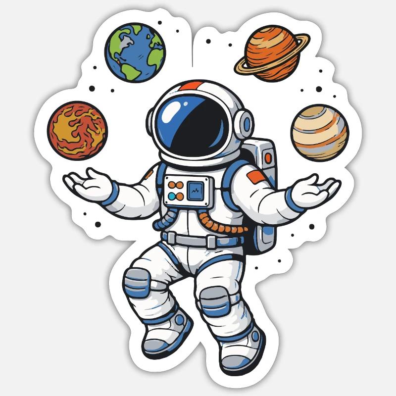 Floating astronaut with planets in comic style Sticker size S (10 x 10 cm)