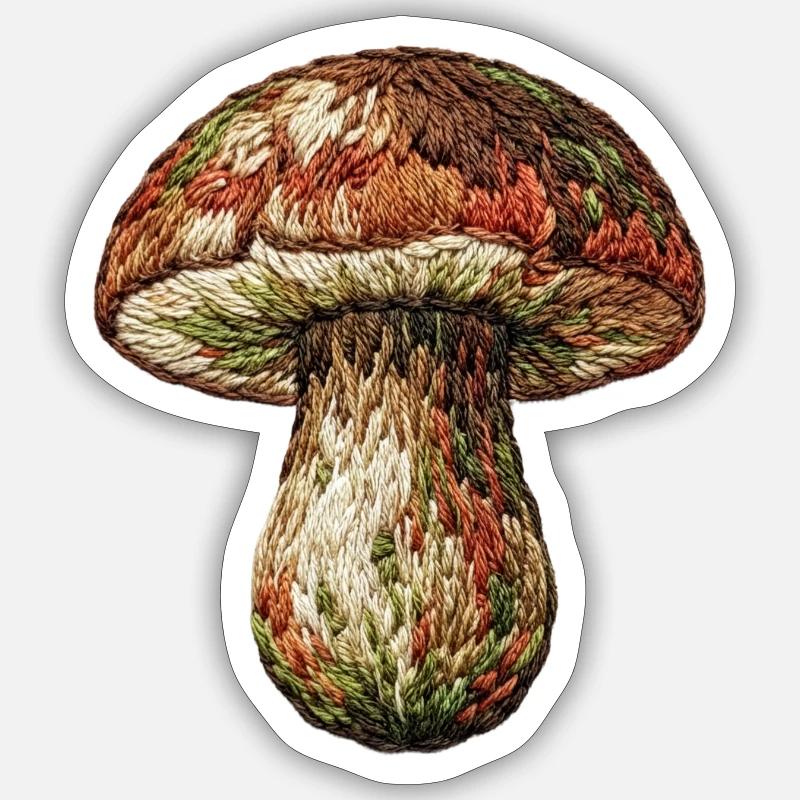 Champignon en aspect brodé (imprimé) - Sticker taille S (10 x 10 cm) - blanc mat