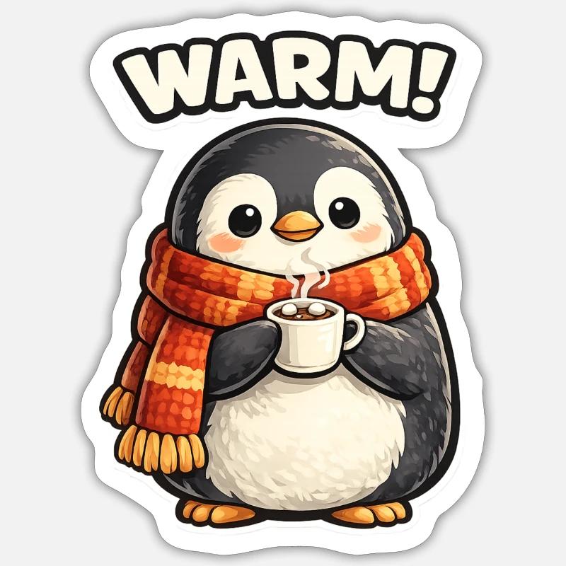 Warming penguin with coffee - Sticker size S (10 x 10 cm) - white matte