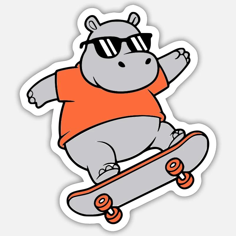 Vecteur de skateboard hippopotame cool - Sticker taille S (10 x 10 cm) - blanc mat