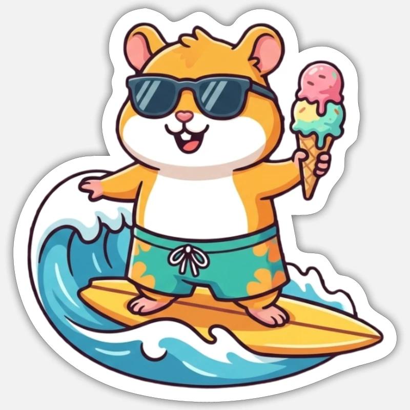 hamster surf - Sticker taille S (10 x 10 cm) - blanc mat