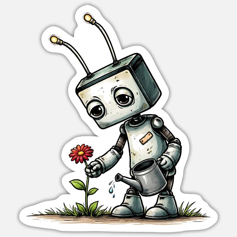 Robot arrosant une fleur - Sticker taille S (10 x 10 cm) - blanc mat