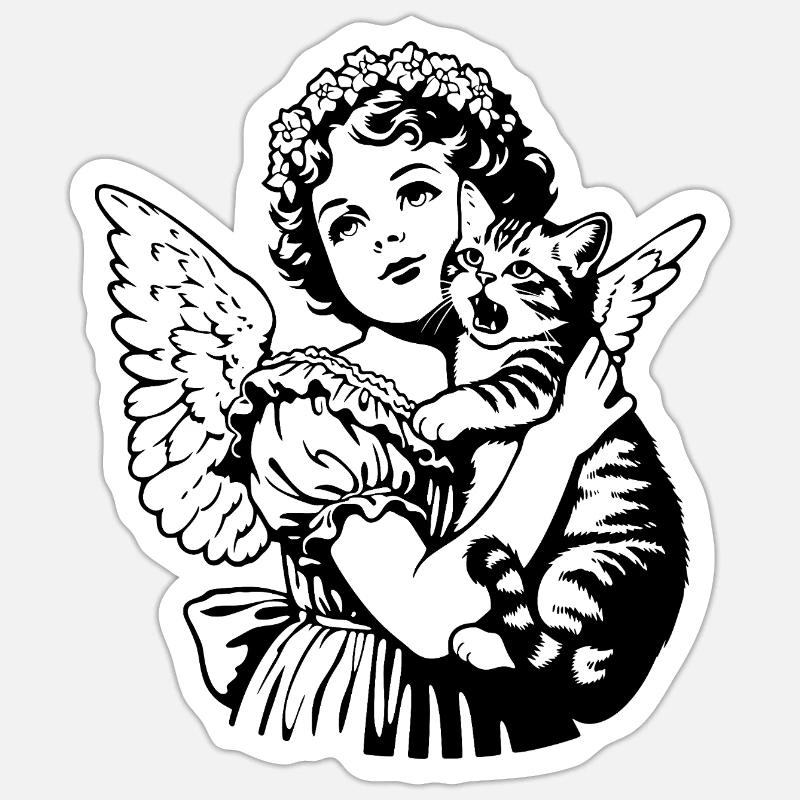 Engel mit Katze – Cherub Vintage Illustration Sticker Größe S (10 x 10 cm)