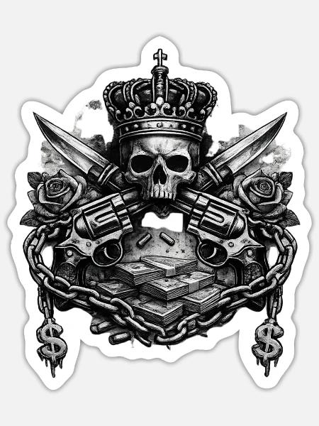 Kronen-Skull mit Schwertern und Geldstapeln - Sticker Größe S (10 x 10 cm) - Mattweiß