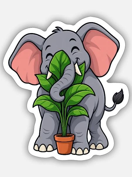 Glücklicher Elefant umarmt eine Topfpflanze - Sticker Größe S (10 x 10 cm) - Mattweiß
