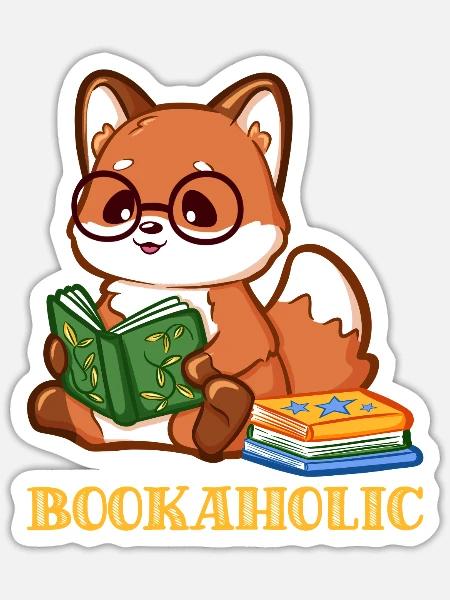 Cartoon Fuchs mit Buch beim Lesen  - Sticker Größe S (10 x 10 cm) - Mattweiß