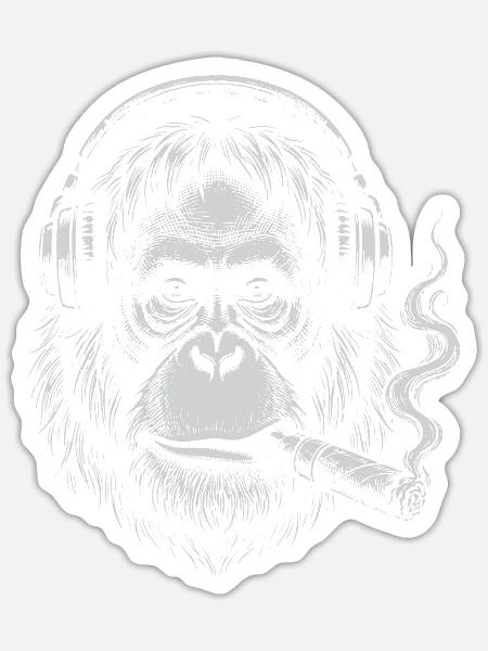 Kopfhörer-Orang-Utan Rauch-Zigarren-Tee - Sticker Größe S (10 x 10 cm) - Mattweiß