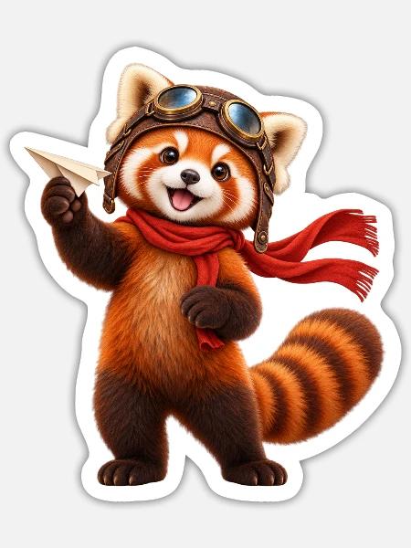 Pilot Red Panda mit Papierflugzeug - Sticker Größe S (10 x 10 cm) - Mattweiß