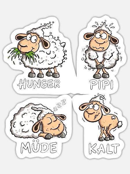 Hunger Müde Kalt Schafe Spruch Tierhumor - Sticker Größe S (10 x 10 cm) - Mattweiß