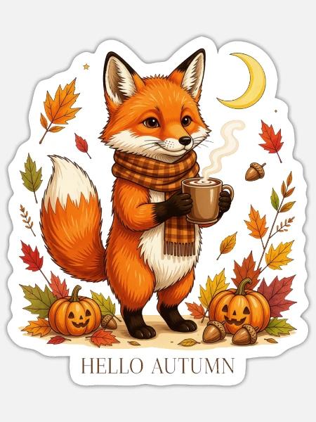 Autumn Fox Cozy Cup Tee - Sticker Größe S (10 x 10 cm) - Mattweiß