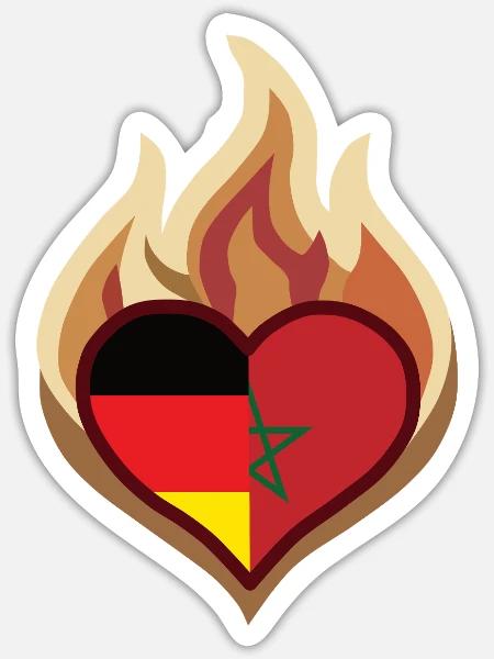 Flammenherz Deutschland-Morocco Flagge - Sticker Größe S (10 x 10 cm) - Mattweiß