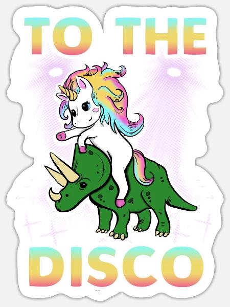 To the Disco Einhorn und Dinosaurier - Sticker Größe S (10 x 10 cm) - Mattweiß