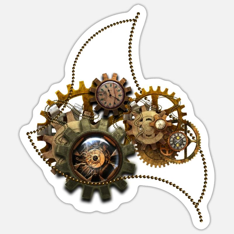 Steampunk, wunderbare Uhr mit Getriebe. - Sticker Größe S (10 x 10 cm) - Mattweiß