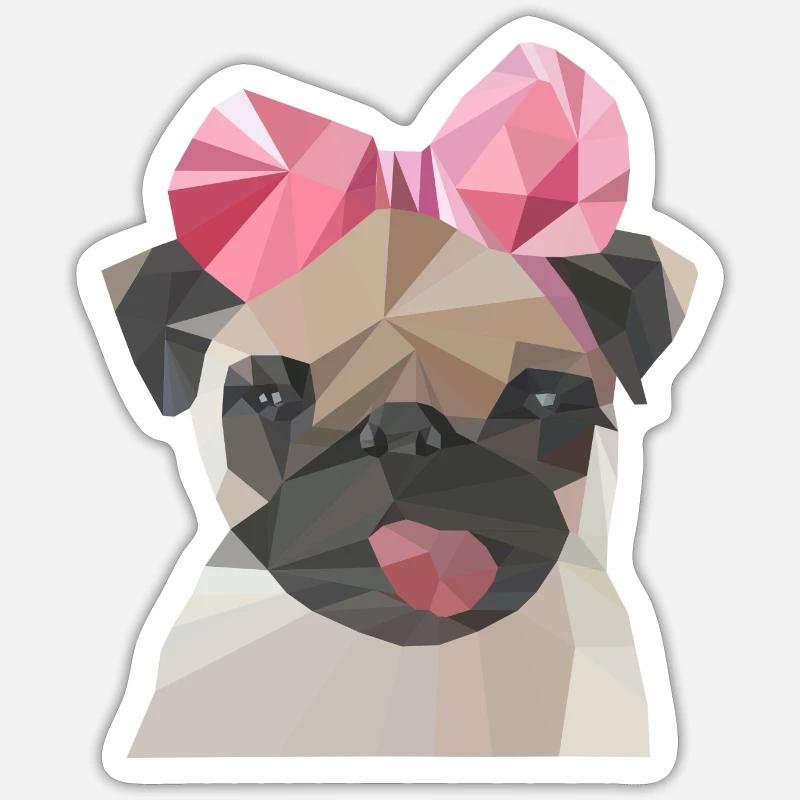 Mops mit Schleife - Sticker Größe S (10 x 10 cm) - Mattweiß