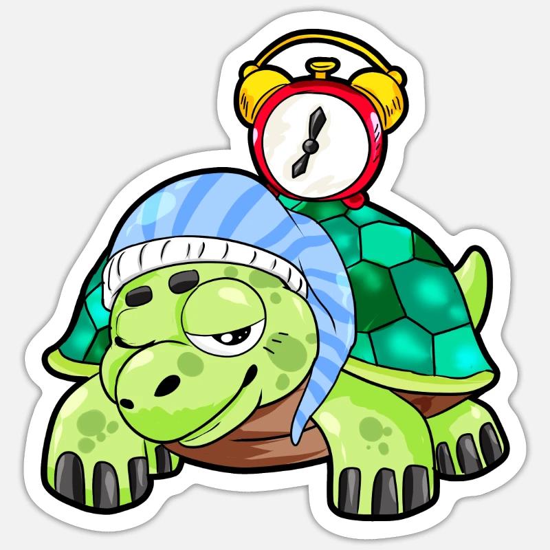 schlafend Schildkröte Langschläfer Wecker Geschenk - Sticker Größe S (10 x 10 cm) - Mattweiß