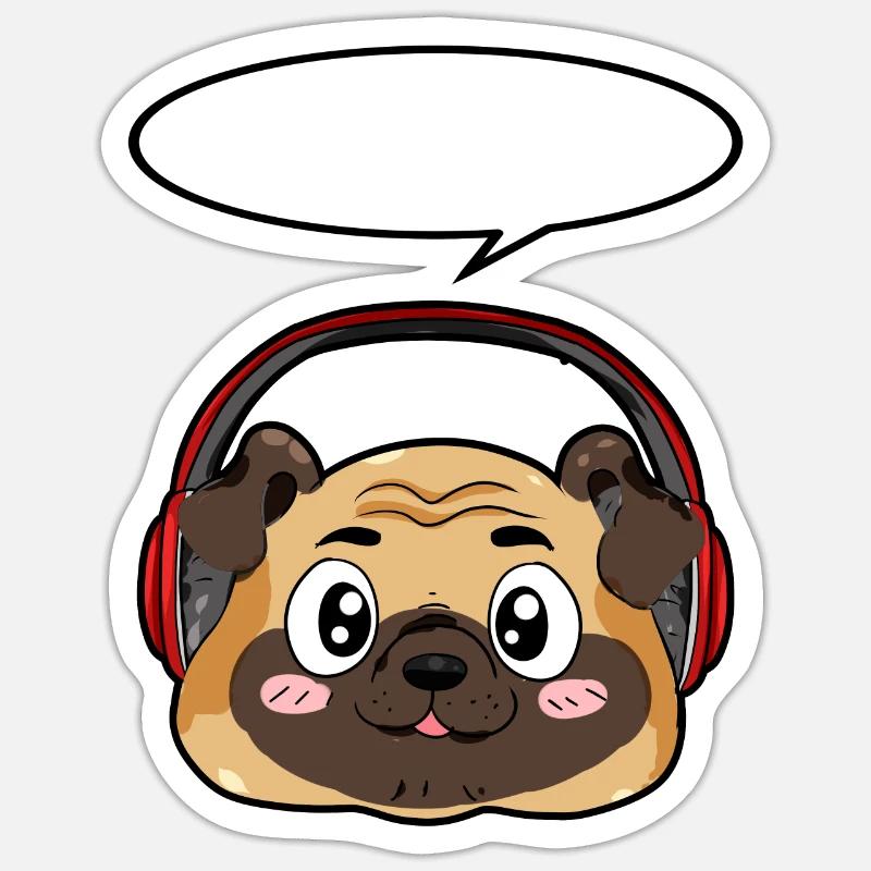 Mops mit Kopfhörer - Sticker Größe S (10 x 10 cm) - Mattweiß