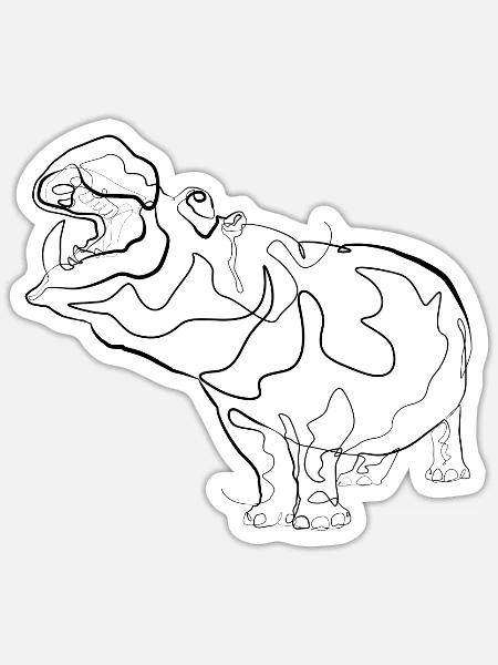 Flusspferd Nilpferd - one line drawing - Sticker Größe S (10 x 10 cm) - Mattweiß