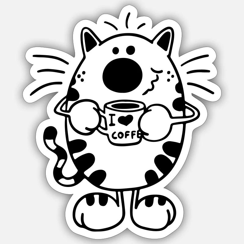 Chat avec café - Sticker taille S (10 x 10 cm) - blanc mat