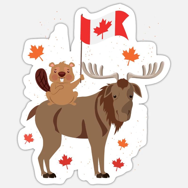 Fête du Canada avec cadeau du castor et de l'orignal - Sticker taille S (10 x 10 cm) - blanc mat