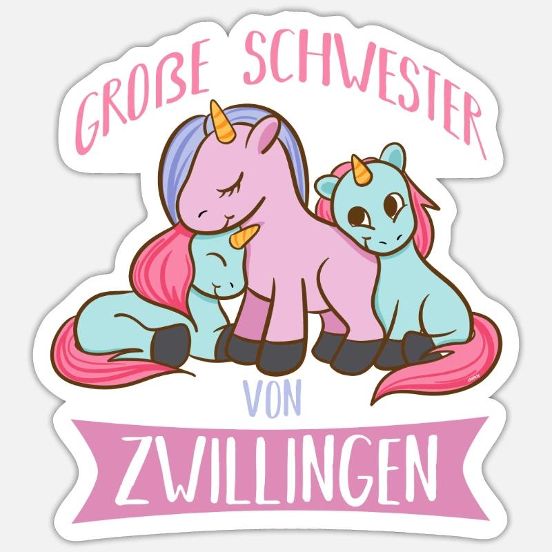 Große Schwester Zwillinge Einhorn - Sticker Größe S (10 x 10 cm) - Mattweiß