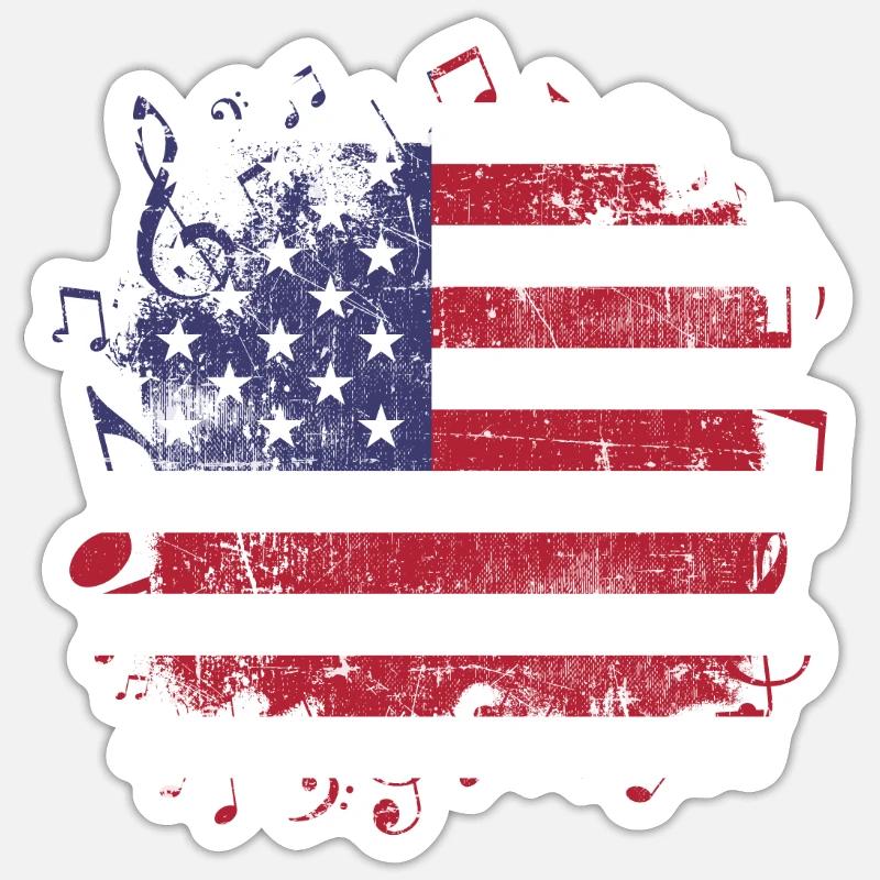 Musique drapeau USA - Sticker taille S (10 x 10 cm) - blanc mat