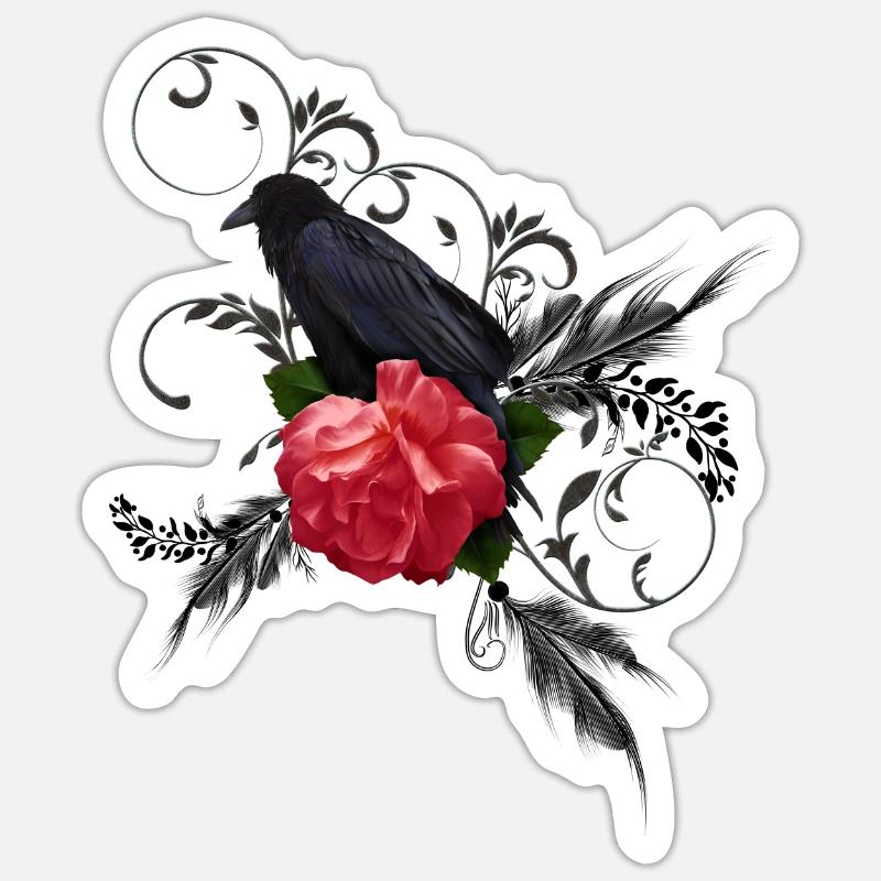Wunderbare Krähe mit Rose - Sticker Größe S (10 x 10 cm) - Mattweiß