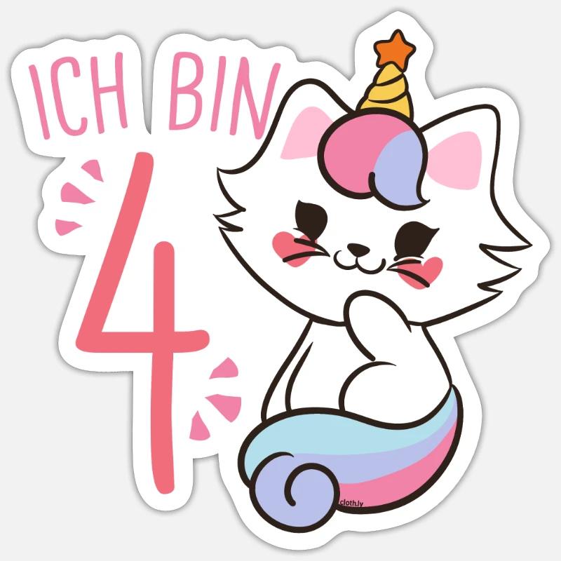 Caticorn 4. Geburtstag Mädchen Einhorn - Sticker Größe S (10 x 10 cm) - Mattweiß