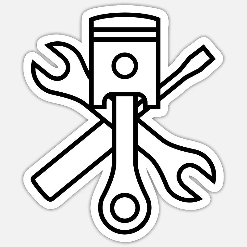 Kolben und Werkzeug 1c (+ Dein Text) - Sticker Größe S (10 x 10 cm) - Mattweiß
