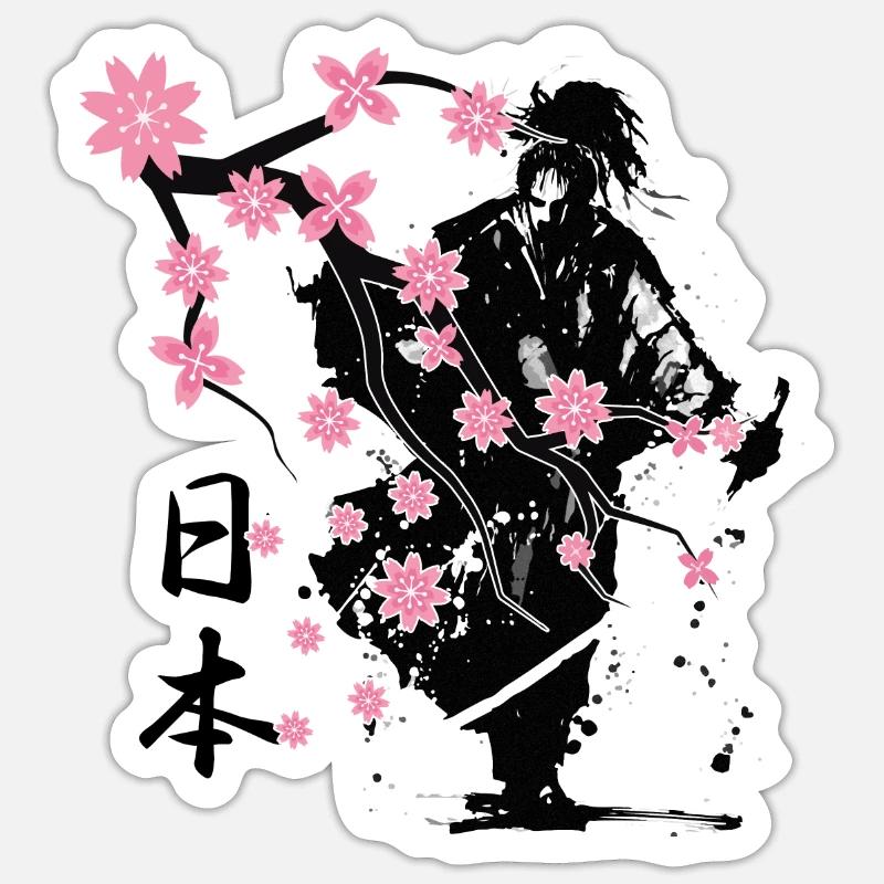 Samurai Krieger Sakura Blumenstil - Sticker Größe S (10 x 10 cm) - Mattweiß