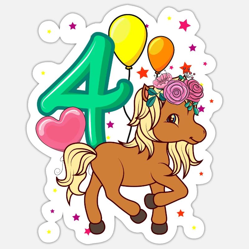 Kinder Geburtstagsshirt Pferd 4 Geburtstag Mädchen Sticker Größe S (10 x 10 cm)