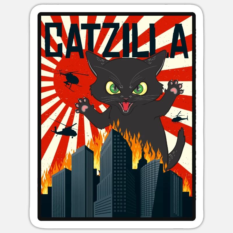 Catzilla I chat chats chat noir chatons - Sticker taille S (10 x 10 cm) - blanc mat