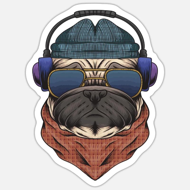 Cooler Mops DJ mit Kopfhörergeschenk für DJs oder Mops Sticker Größe S (10 x 10 cm)