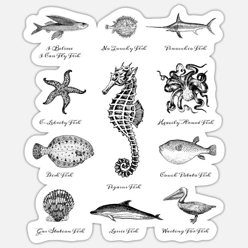 Fische Seestern Delfin Seepferdchen Krake Oktopus - Sticker Größe S (10 x 10 cm) - Mattweiß