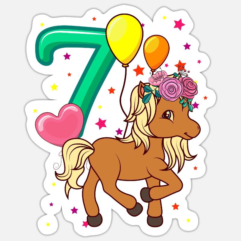 Kinder Geburtstagsshirt Pferd 7 Geburtstag Mädchen - Sticker Größe S (10 x 10 cm) - Mattweiß