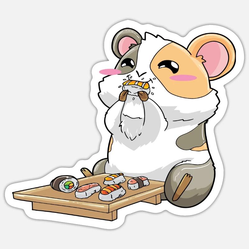 Drôle de cochon d’Inde mangeant des sushis - Sticker taille S (10 x 10 cm) - blanc mat