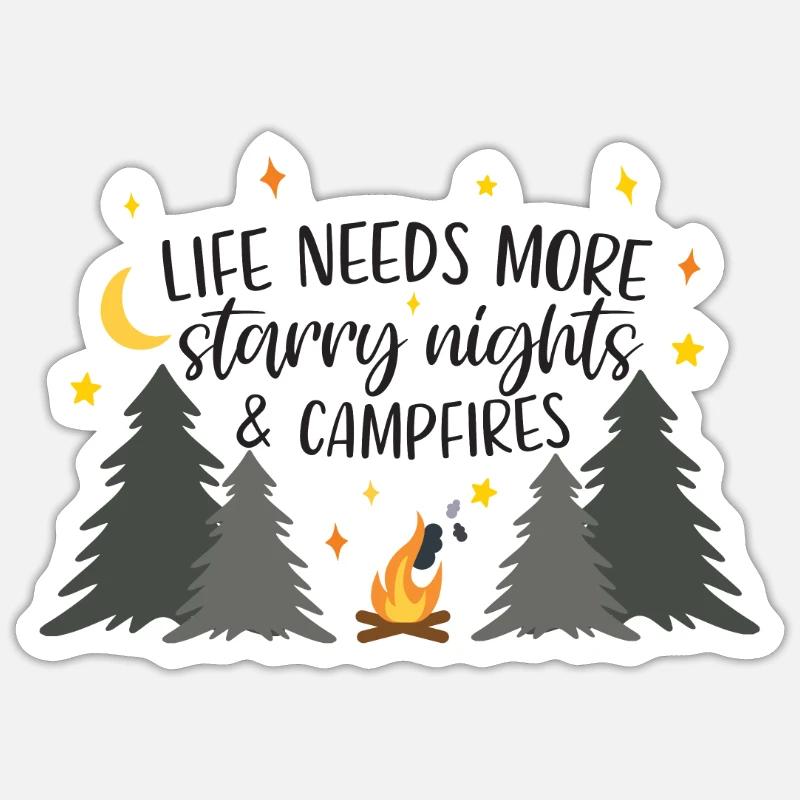 Feu de camp nature étoiles et camping citation - Sticker taille S (10 x 10 cm) - blanc mat