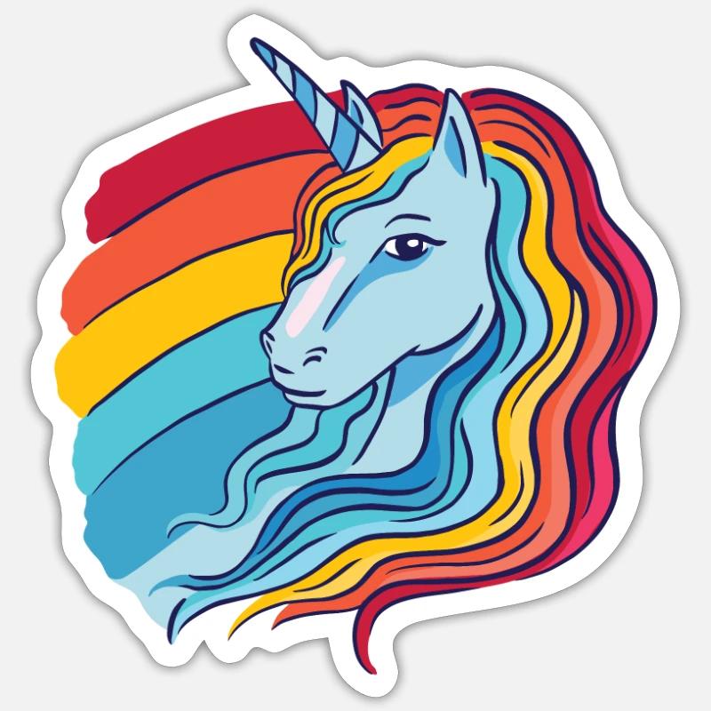 Regenbogen Einhorn weiblich mit Regenbogen Haar - Sticker Größe S (10 x 10 cm) - Mattweiß