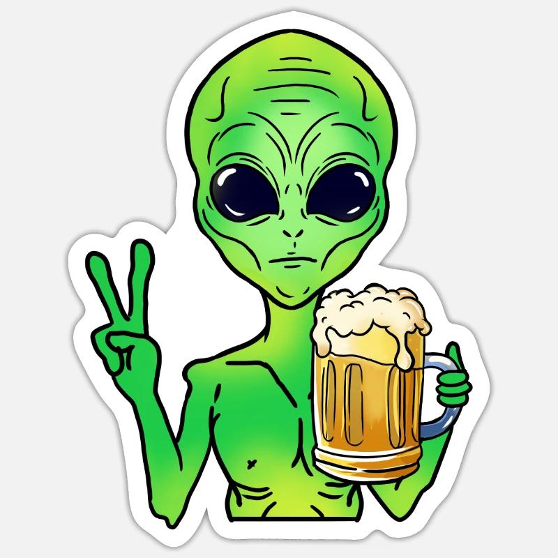Alien drinks beer Sticker size S (10 x 10 cm)
