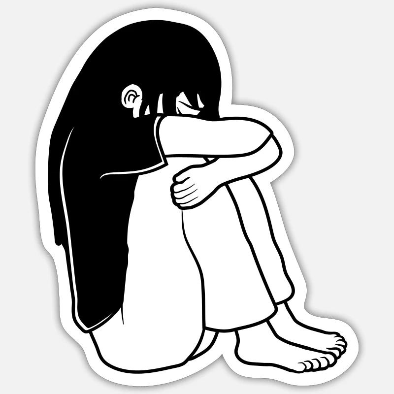Mädchen Traurig Sitzend - Sticker Größe S (10 x 10 cm) - Mattweiß