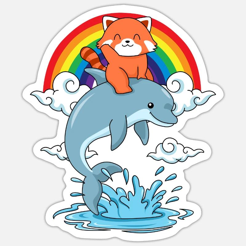 Roter Panda Geschenk Delfin Regenbogen Red Panda - Sticker Größe S (10 x 10 cm) - Mattweiß