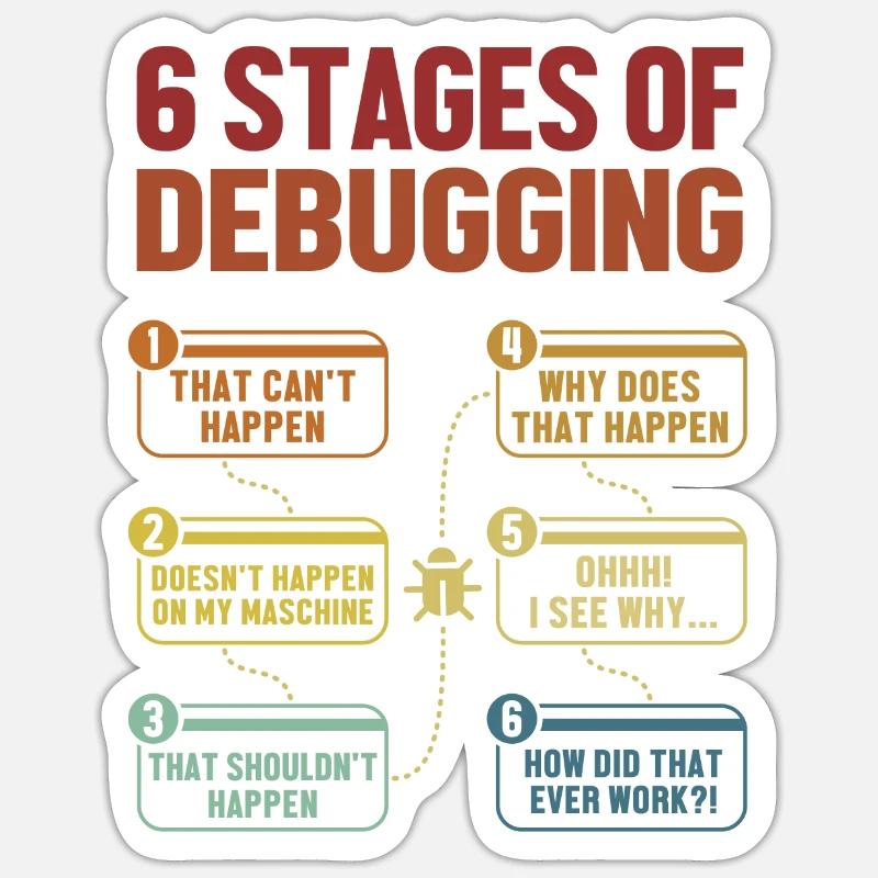 6 Stages of Debugging Softwareingenieur Coder - Sticker Größe S (10 x 10 cm) - Mattweiß