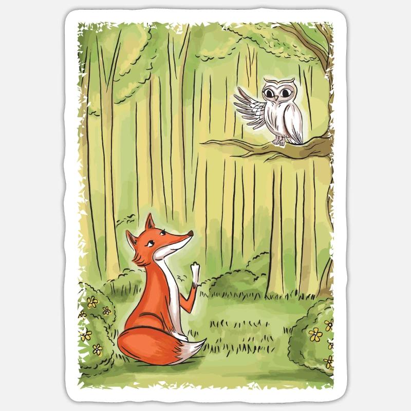 Fuchs mit Eule im Wald - Sticker Größe S (10 x 10 cm) - Mattweiß