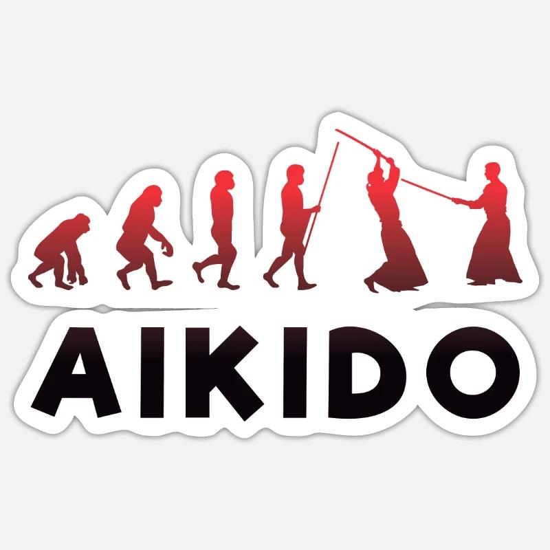 Évolution singe vers combattant Aikido sabre rouge - Sticker taille S (10 x 10 cm) - blanc mat