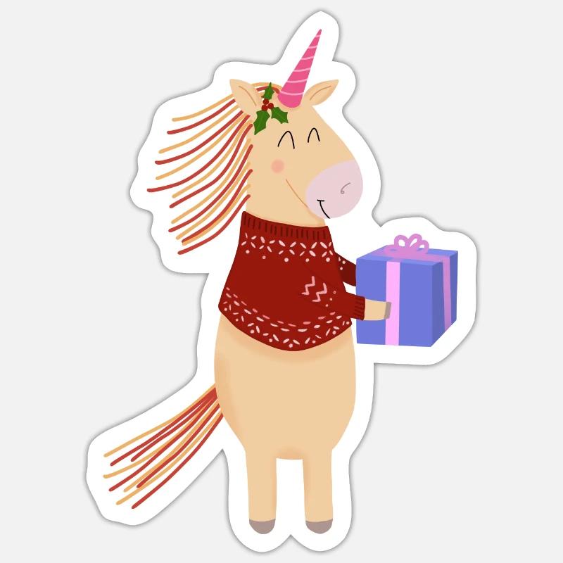 Gelbes Einhorn-Weihnachtsgeschenk - Sticker Größe S (10 x 10 cm) - Mattweiß