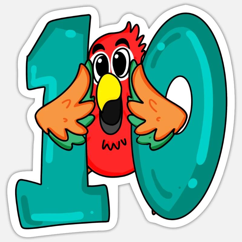 10 Geburtstag - Papagei Vogel mit der Nummer 10 - Sticker Größe S (10 x 10 cm) - Mattweiß