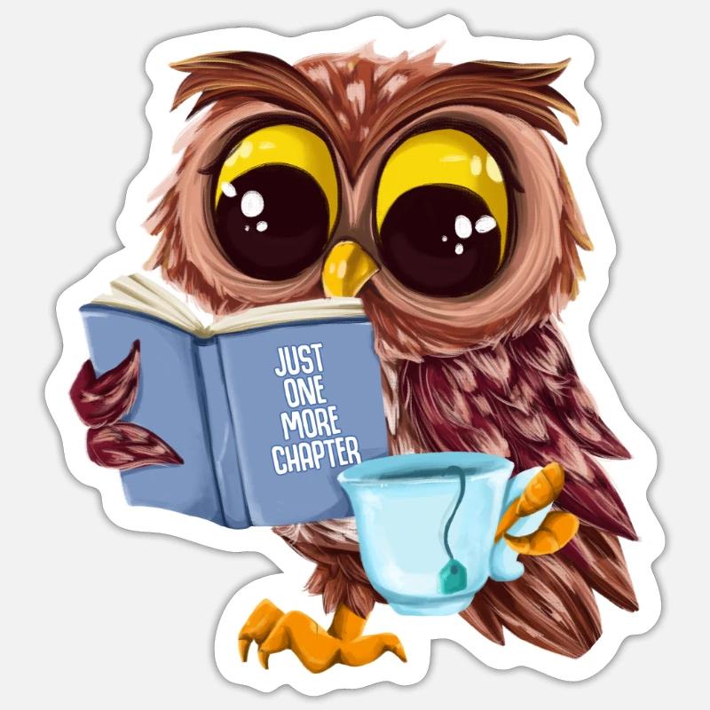 Süße Eule Liest Buch Und Trinkt Tee Leseratte Büch - Sticker Größe S (10 x 10 cm) - Mattweiß