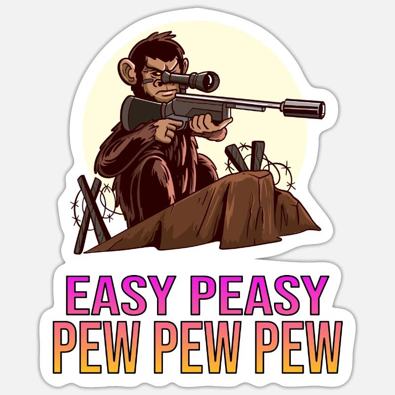 Easy Peasy Pew Pew Pew Affe Gewehr Scharfschütze - Sticker Größe S (10 x 10 cm) - Mattweiß