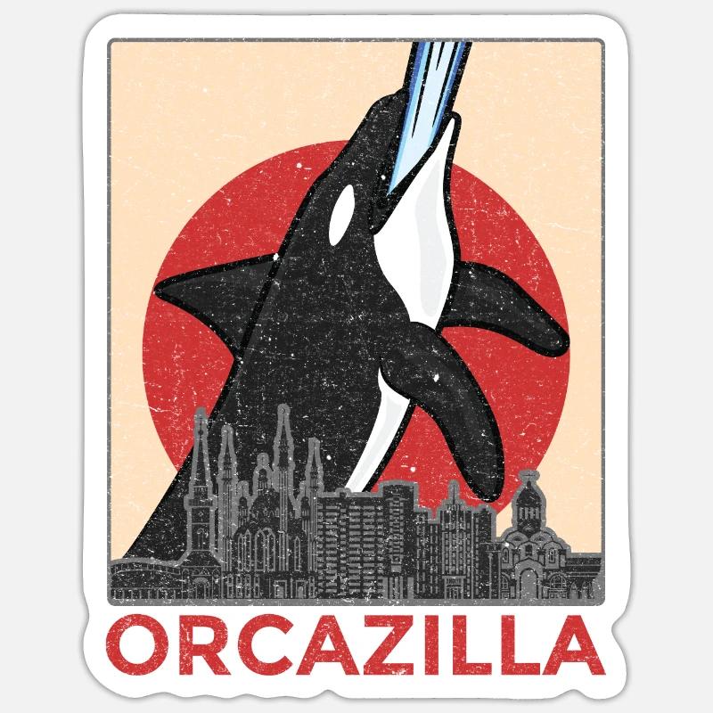 Orcazilla Killerwal Orca Parodie Geschenk - Sticker Größe S (10 x 10 cm) - Mattweiß