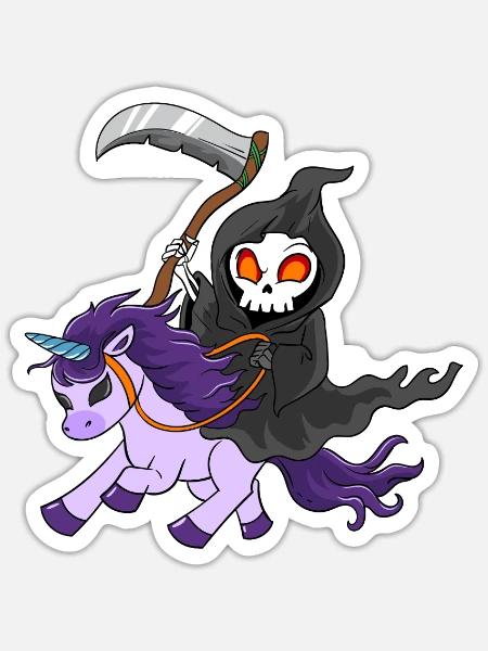 Cooles Einhorn als Zombie mit Gevater Tod - Sticker Größe S (10 x 10 cm) - Mattweiß